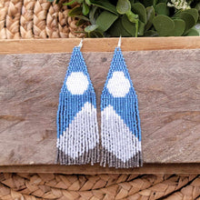 Load image into Gallery viewer, Snow Capped Mountain  Beaded Fringe Earrings, Blue, White, Grey
