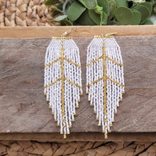 Load image into Gallery viewer, White and Gold Feather Earrings, Fringe Seed Bead