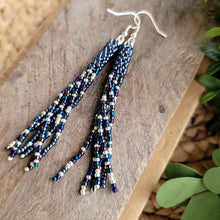 Load image into Gallery viewer, Navy Hematite and Silver Beaded Tassel Earrings, Hand-Made
