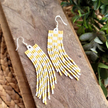 Load image into Gallery viewer, Yellow and White Checkered Beaded Fringe Earrings, Handmade, Hand Crafted