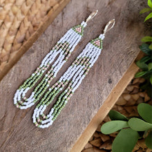 Load image into Gallery viewer, Sage Green, Pink and White Beaded Fringe Earrings with Loops