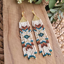 Load image into Gallery viewer, Non Native Style Seed Bead Fringe Earrings, Rust, Teal, Gold, Cream