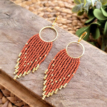 Load image into Gallery viewer, Terracotta  Beaded Fringe Earrings on Gold Hoops, Rust, Orange, Red