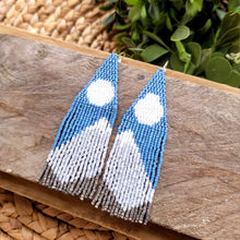 Load image into Gallery viewer, Snow Capped Mountain  Beaded Fringe Earrings, Blue, White, Grey