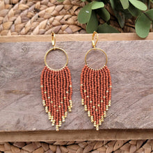 Load image into Gallery viewer, Terracotta  Beaded Fringe Earrings on Gold Hoops, Rust, Orange, Red