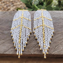 Load image into Gallery viewer, White and Gold Feather Earrings, Fringe Seed Bead