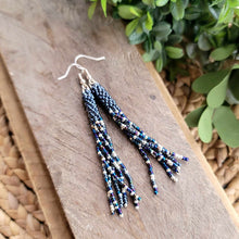 Load image into Gallery viewer, Navy Hematite and Silver Beaded Tassel Earrings, Hand-Made