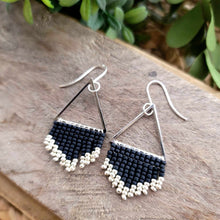 Load image into Gallery viewer, Simple Black Beaded Fringe Earrings on Silver Triangles, Hand-Made