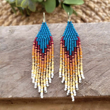 Load image into Gallery viewer, Turquoise, Teal Flame Beaded Fringe Earrings, Seed Bead