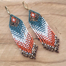 Load image into Gallery viewer, Beaded Frings Earrings, Orange, White, Teal and Brown