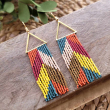 Load image into Gallery viewer, Multi-Colored 70's style Fringe Earrings with Triangle Accent, Gold