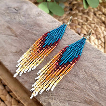 Load image into Gallery viewer, Turquoise, Teal Flame Beaded Fringe Earrings, Seed Bead