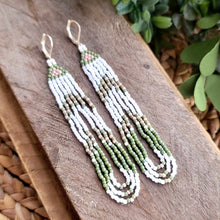 Load image into Gallery viewer, Sage Green, Pink and White Beaded Fringe Earrings with Loops