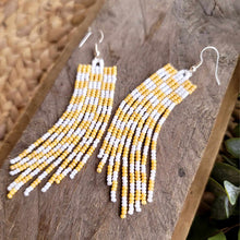 Load image into Gallery viewer, Yellow and White Checkered Beaded Fringe Earrings, Handmade, Hand Crafted