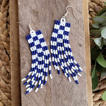 Load image into Gallery viewer, Navy Blue and White Checkered Beaded Fringe Earrings, Handmade, Hand Crafted