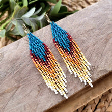 Load image into Gallery viewer, Turquoise, Teal Flame Beaded Fringe Earrings, Seed Bead