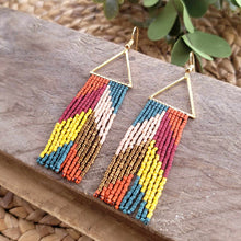 Load image into Gallery viewer, Multi-Colored 70's style Fringe Earrings with Triangle Accent, Gold