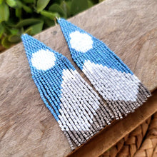 Load image into Gallery viewer, Snow Capped Mountain  Beaded Fringe Earrings, Blue, White, Grey