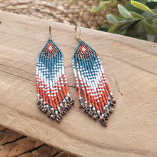 Load image into Gallery viewer, Beaded Frings Earrings, Orange, White, Teal and Brown