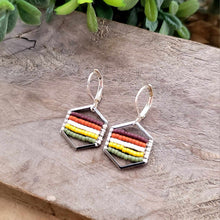 Load image into Gallery viewer, Multicolored Beaded Hexagon Earrings, Silver, Yellow, Purple, White, Olive Green, Hand-Made