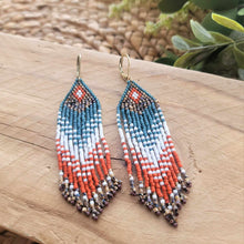 Load image into Gallery viewer, Beaded Frings Earrings, Orange, White, Teal and Brown