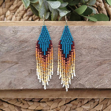 Load image into Gallery viewer, Turquoise, Teal Flame Beaded Fringe Earrings, Seed Bead