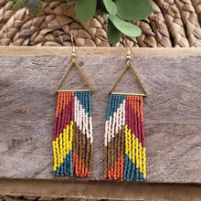 Load image into Gallery viewer, Multi-Colored 70's style Fringe Earrings with Triangle Accent, Gold