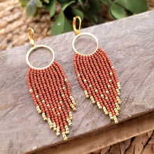 Load image into Gallery viewer, Terracotta  Beaded Fringe Earrings on Gold Hoops, Rust, Orange, Red