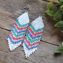 Load image into Gallery viewer, Pink Turquoise Purple and White Beaded Fringe Earrings in Chevron Pattern