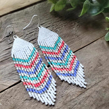 Load image into Gallery viewer, Pink Turquoise Purple and White Beaded Fringe Earrings in Chevron Pattern