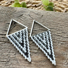 Load image into Gallery viewer, Hematite, White and Silver Triangle Drop Earrings, Beaded, Chevron