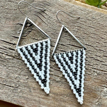 Load image into Gallery viewer, Hematite, White and Silver Triangle Drop Earrings, Beaded, Chevron