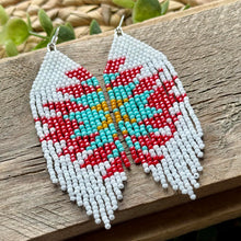 Load image into Gallery viewer, Flower Burst Beaded Fringe Earrings in White, Strawberry Red, Turquoise and Yello