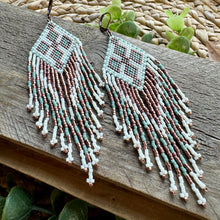 Load image into Gallery viewer, Beaded Fringe Earrings, Seafoam Green, Off-White and Copper, Southwest Style