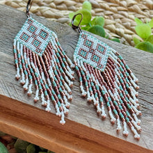 Load image into Gallery viewer, Beaded Fringe Earrings, Seafoam Green, Off-White and Copper, Southwest Style