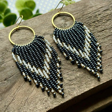 Load image into Gallery viewer, Navy Hematite, Cream and Gold Beaded Fringe Hoop Earrings