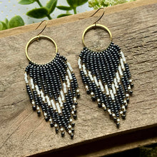 Load image into Gallery viewer, Navy Hematite, Cream and Gold Beaded Fringe Hoop Earrings