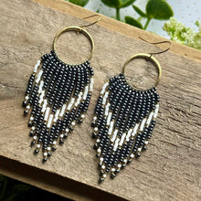 Load image into Gallery viewer, Navy Hematite, Cream and Gold Beaded Fringe Hoop Earrings