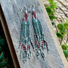 Load image into Gallery viewer, Turquoise, Red & Silver Slim Shoulder Dusters Beaded Fringe Earrings