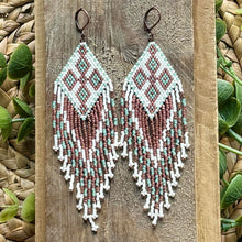 Load image into Gallery viewer, Beaded Fringe Earrings, Seafoam Green, Off-White and Copper, Southwest Style
