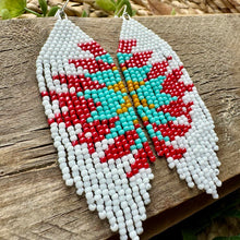 Load image into Gallery viewer, Flower Burst Beaded Fringe Earrings in White, Strawberry Red, Turquoise and Yello