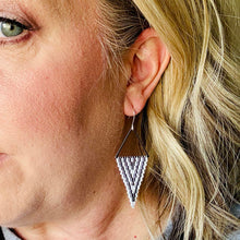 Load image into Gallery viewer, Hematite, White and Silver Triangle Drop Earrings, Beaded, Chevron