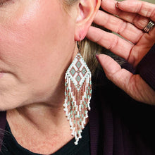Load image into Gallery viewer, Beaded Fringe Earrings, Seafoam Green, Off-White and Copper, Southwest Style