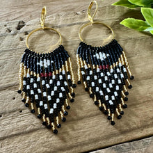 Load image into Gallery viewer, Black and White Beaded Fringe Earrings on Gold Hoops, with Cranberry Red Accent