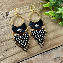 Load image into Gallery viewer, Black and White Beaded Fringe Earrings on Gold Hoops, with Cranberry Red Accent