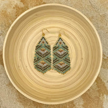 Load image into Gallery viewer, Tribal Print Beaded Fringe Statement Earrings, Grey, Seafoam Green, Gold, Bronze
