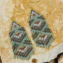 Load image into Gallery viewer, Tribal Print Beaded Fringe Statement Earrings, Grey, Seafoam Green, Gold, Bronze