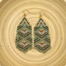 Load image into Gallery viewer, Tribal Print Beaded Fringe Statement Earrings, Grey, Seafoam Green, Gold, Bronze