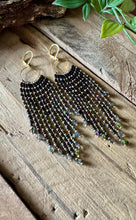 Load image into Gallery viewer, Black and Gold Ombre Beaded Fringe Hoops with Crystal Accents