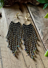 Load image into Gallery viewer, Black and Gold Ombre Beaded Fringe Hoops with Crystal Accents